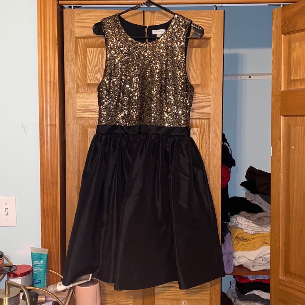 Calvin Klein Sleeveless Shiny Dress, black bottom, partially open upper back, 12